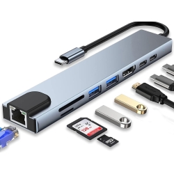 Hub adapter 8w1 przejściówka 2x usb-c thunderbolt 3 2xusb hdmi sd rj45