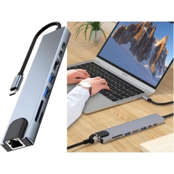 Hub adapter 8w1 przejściówka 2x usb-c thunderbolt 3 2xusb hdmi sd rj45