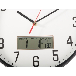 Zegar ścienny duży cichy 30cm okrągły wskazówkowy data temperatura drewno