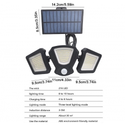 Ścienna lampa solarna 216 LED 15W z czujnikiem ruchu i zmierzchu IP65