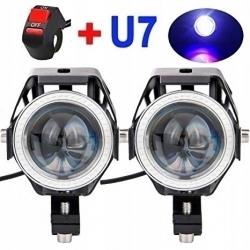 2 x HALOGEN MOTOCYKLOWY U7 LED+RING+WŁĄCZNIK CZARNy